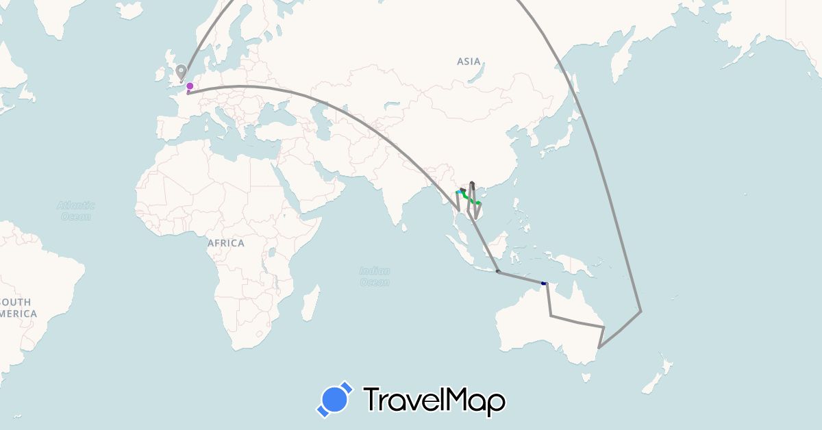 TravelMap itinerary: driving, bus, plane, train, boat, motorbike in Australia, France, United Kingdom, Indonesia, Cambodia, Laos, Latvia, New Caledonia, Thailand, Vietnam (Asia, Europe, Oceania)